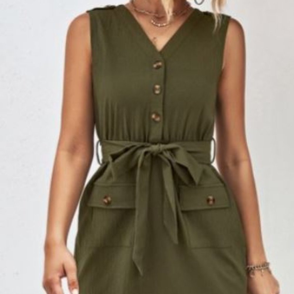 Army Green Button-Up V-Neck Mini Dress